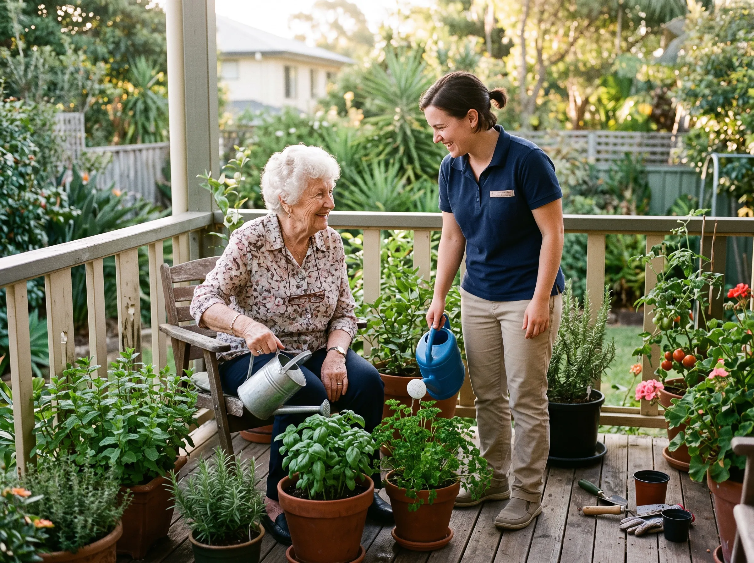 An aged care support worker helping an older woman water herbs on her veranda