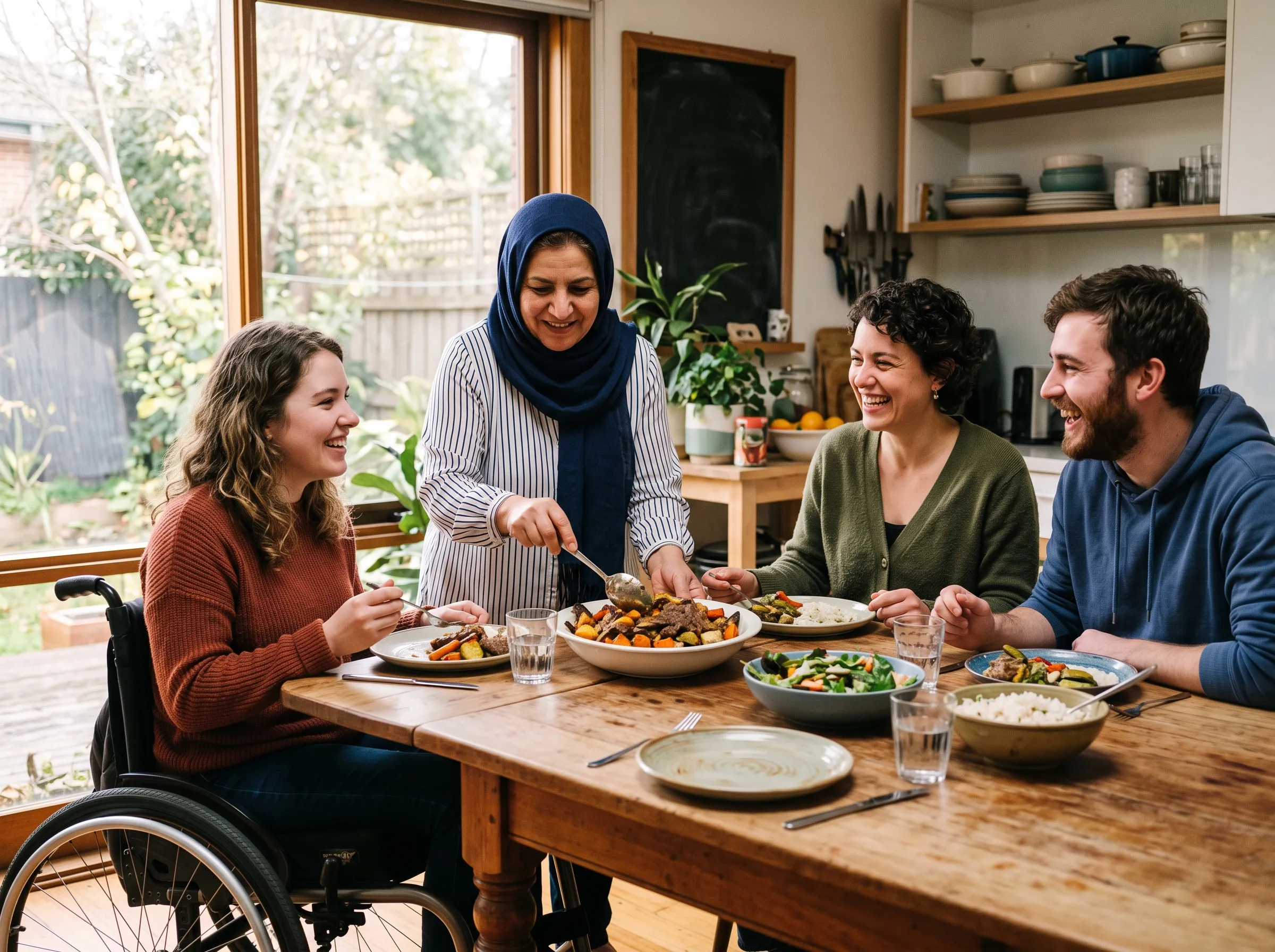A support worker serving a home-cooked meal to participants around a family kitchen table